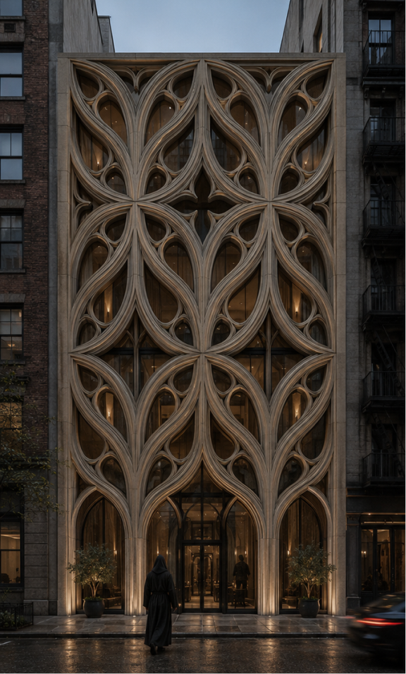 The tracery screen lit from within