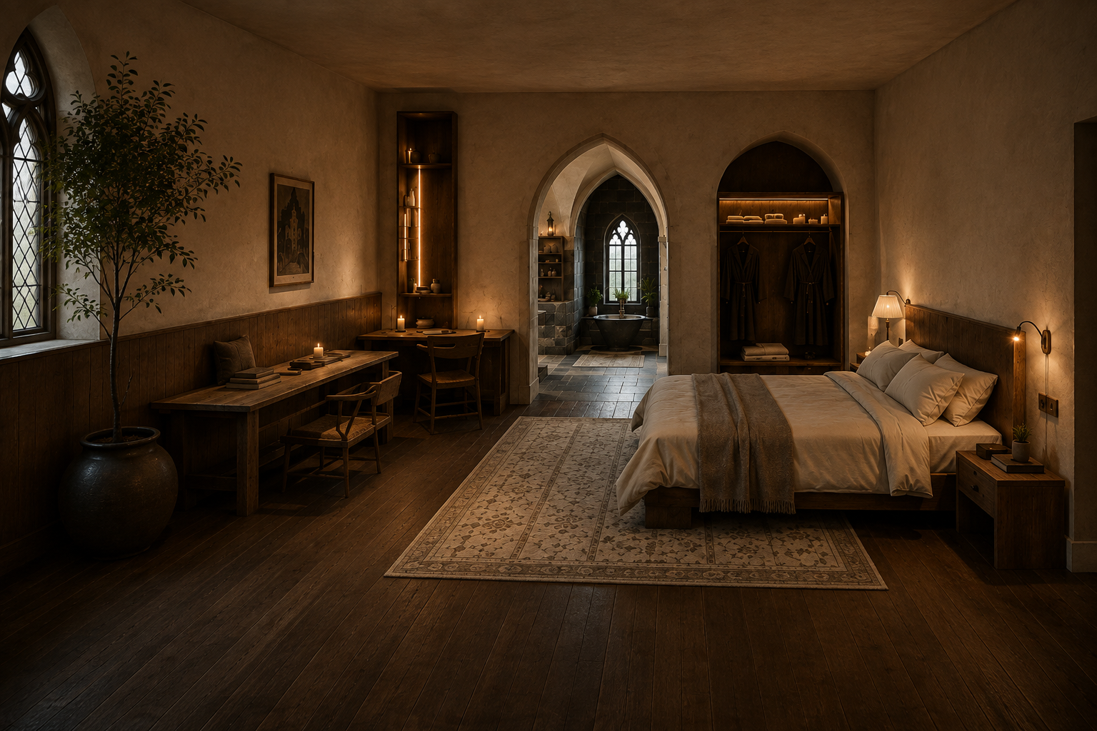 A cell: a desk, a bed, a window worth sitting at
