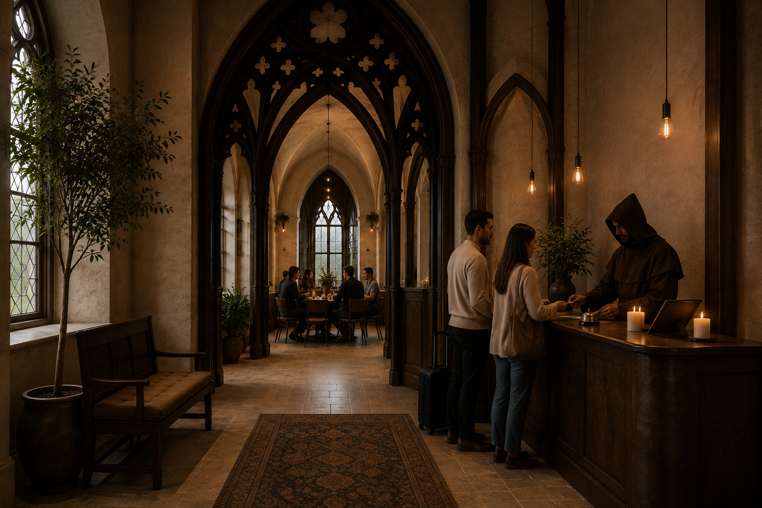 The vaulted hall receives guests at the door