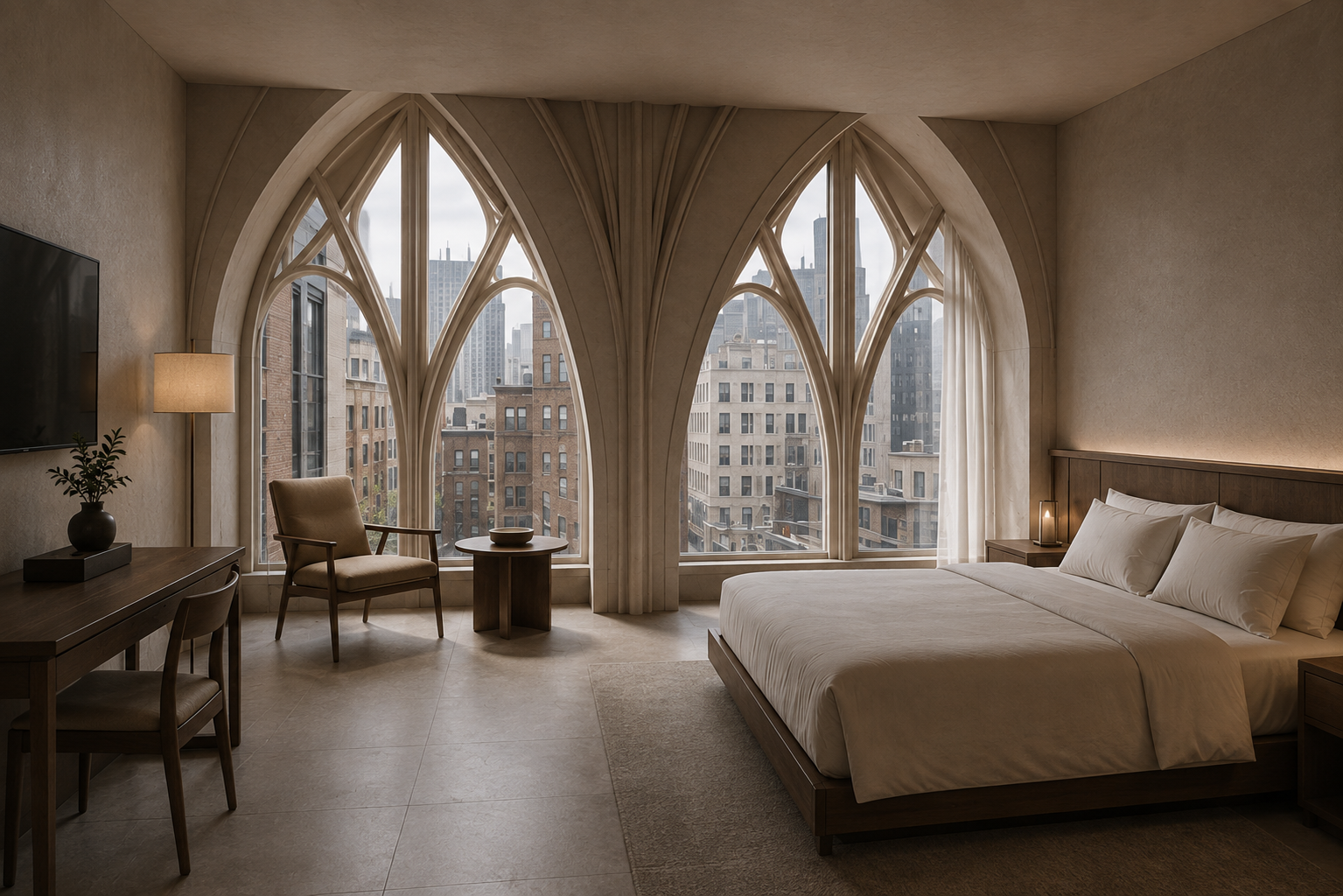 A room above the street, the city held behind tracery